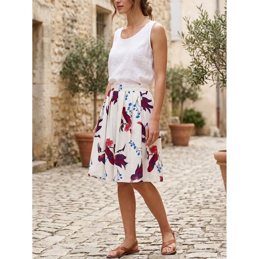 Grace Karin‎ Woman's Red Bird Floral Graphic White Knee Length Pleated Skirt XL